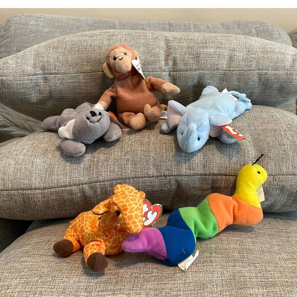 TY Teenie Beanie Babies, worm, giraffe, elephant, monkey, koala LOT of 5 - Picture 1 of 5